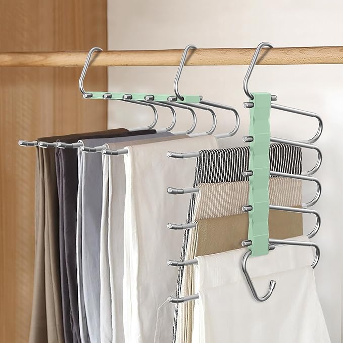 4 Pack Pants Hangers Space Saving, Anti-Slip Multi-Functional Pants Rack, Thickened Stainless Steel Tube, Two Hanging Modes Suitable for Jeans Trousers Skirts Scarf-Green