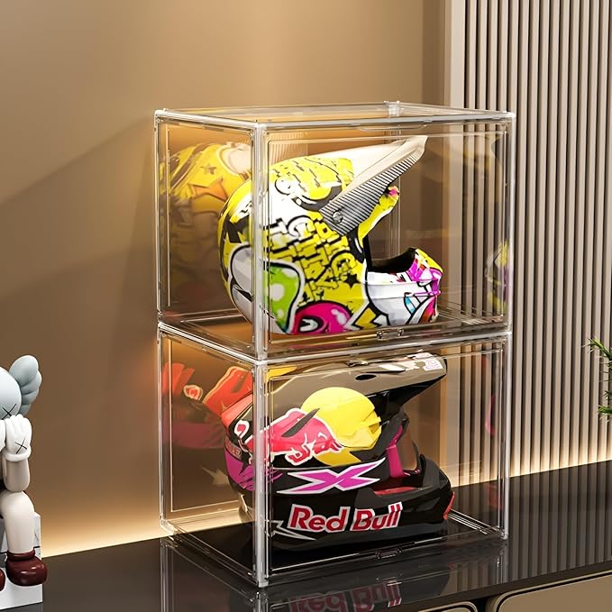 Large Clear Stackable Plastic Storage Bins with Door, Dustproof Figures Collectibles Display Case, Football & Motorcycle Helmet Showcase, Basketball, Memorabilia Organizer Box (XL, Count, 1)