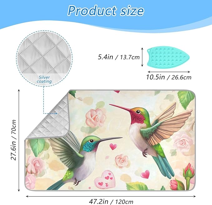 Ironing Mat &Pad Magnetic Heat Resistant Pads Portable Travel Ironing Blanket Ironing Board Covers 27.6x47.2Inches Hummingbirds Roses and Hearts01