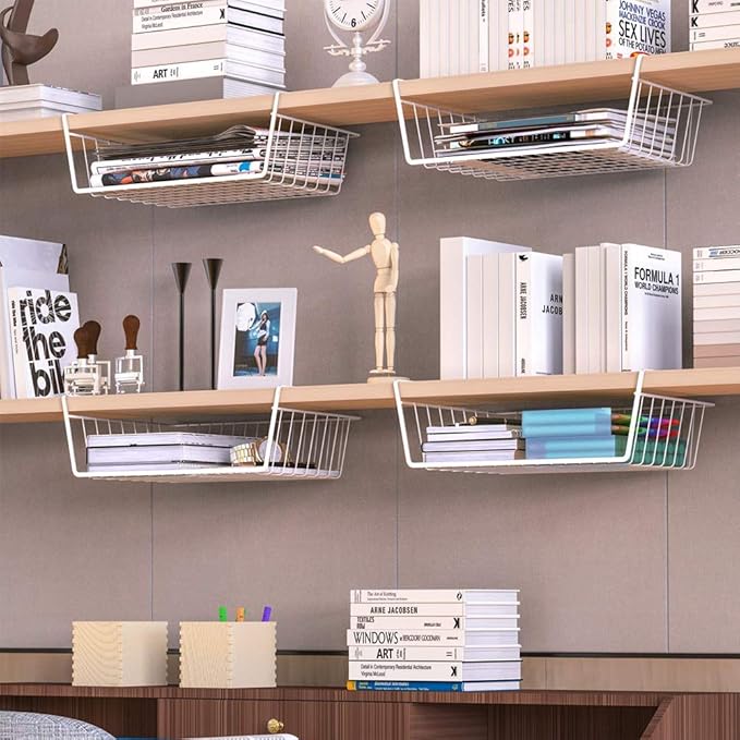 Modern Home Under Shelf Wire Storage Baskets – Hanging Organizer Rack for Cabinet, Pantry, or Closet – White Metal Basket for Kitchen, Towels, or Office – No Tools Required (15")