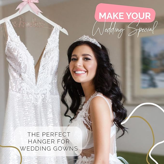 Bride Hanger for Wedding Dress, Wooden Gown Display with White Finish, Elegant Keepsake for Ceremony Photos, Bridal Shower Gift, Getting Ready Accessory for Special Day (White Wood Rose Gold Wire)