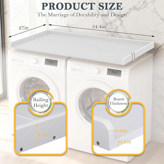 HDPE Washer Dryer Countertop, 54" x 27" Laundry Countertop with 2 Hooks & Non-Slip Pads, Washer and Dryer Topper for Laundry Room Organization, No-Installation (White)