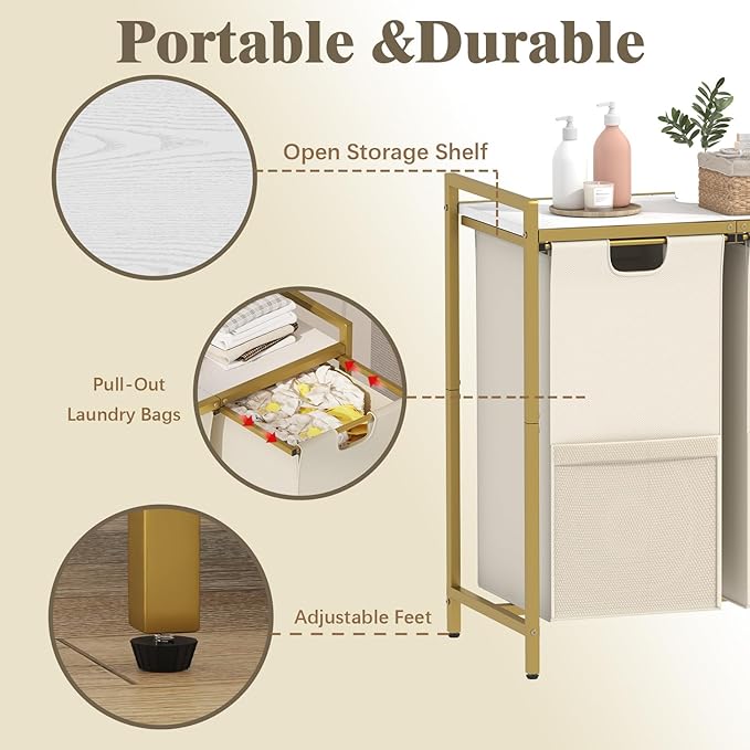 Laundry Hamper, double Laundry Basket, Laundry Sorter with Top Shelf & 2 Removable Washable Bags & Side Pockets for Laundry Room organization, Bathroom and Dorm, Gold and White