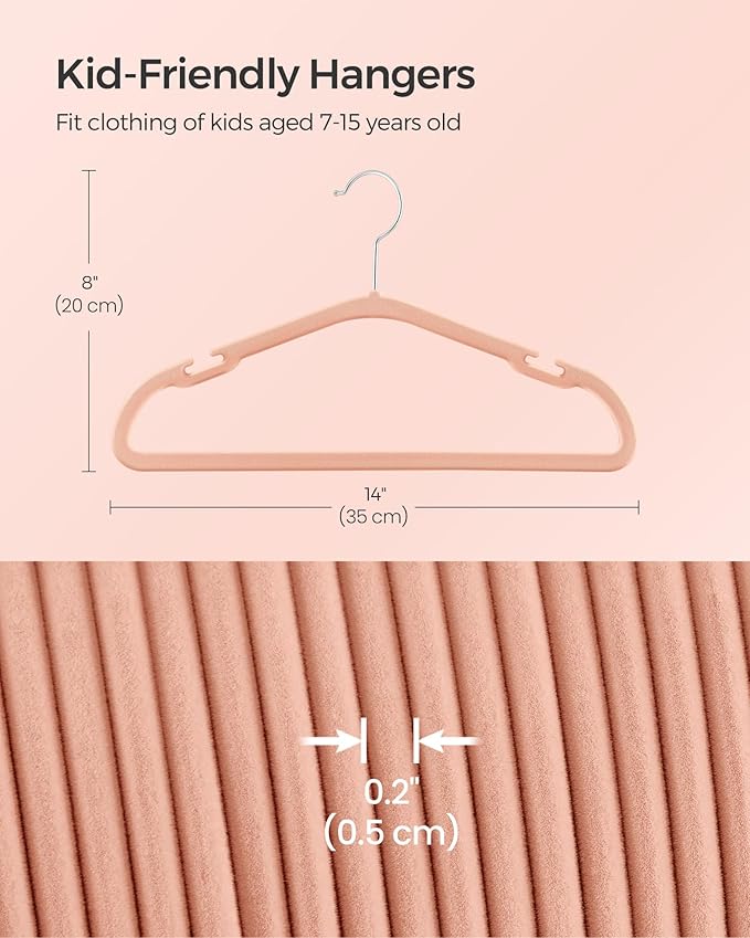 SONGMICS Kids Hangers 50 Pack, 14 x 8 Inches, Non-Slip Velvet Baby Hangers for Closet, Space-Saving, Wide Shoulder Notches, Coral Pink UCRF038R01