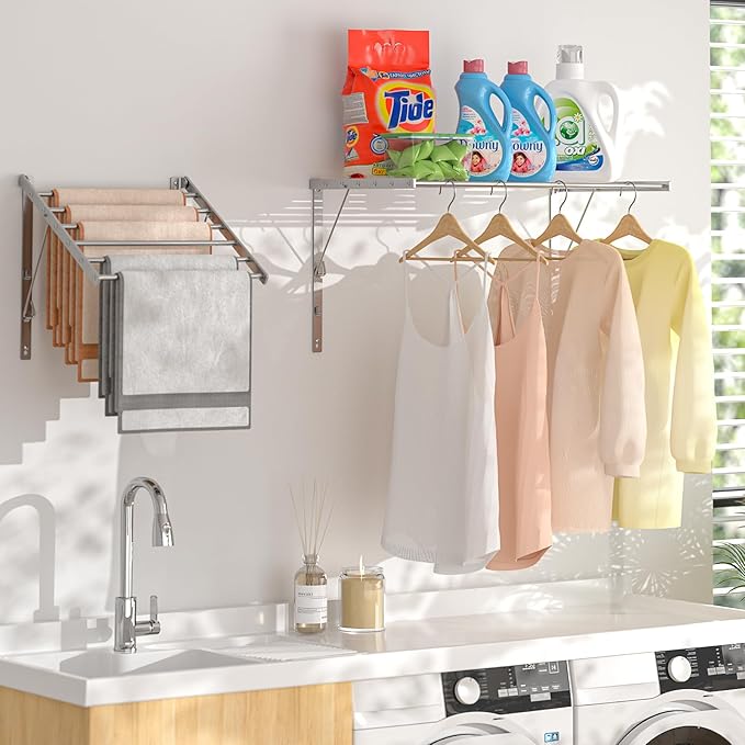 Wall Mounted Laundry Drying Rack, 29.92 inch Retractable Clothes Drying Rack, Foldable Laundry Rack Indoor with 6 Smooth Round Stainless Steel Rods, Space Saving for Laundry Room, Bathroom, Apartments