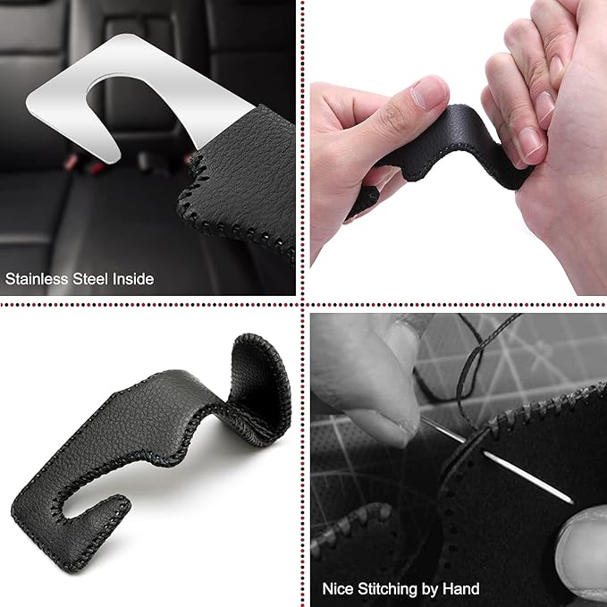 Car Hook Back Seat Headrest Hooks Genuine Leather Hanger Storage Organizer for Handbag Purse Coat Fit Universal Vehicle, 2 Pack, Black&Red