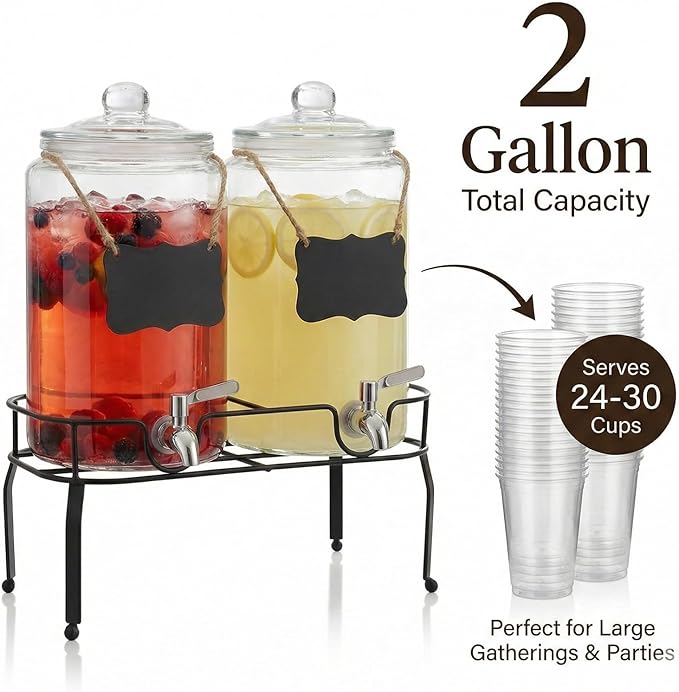 1 Gallon Glass Drink Dispenser Set of 2, Drink Dispensers for Parties, Beverage Dispenser with Stand, Glass Lid, 100% Leakproof Spigot, Ideal for Lemonade, Juice, Iced Tea, Laundry Detergent Dispenser