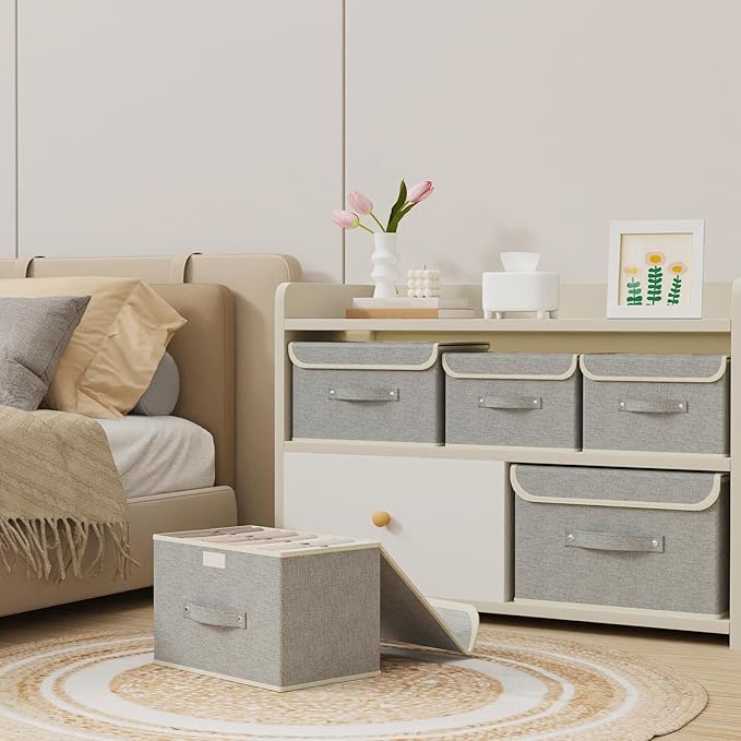 Fabric Storage Bins Cube Organizers with Flip-Top Lid and Handles,Storage Boxes for Organizing Home,Office,and Closet,Grey,5 Pack 13 X 9.1 X 7.9 in