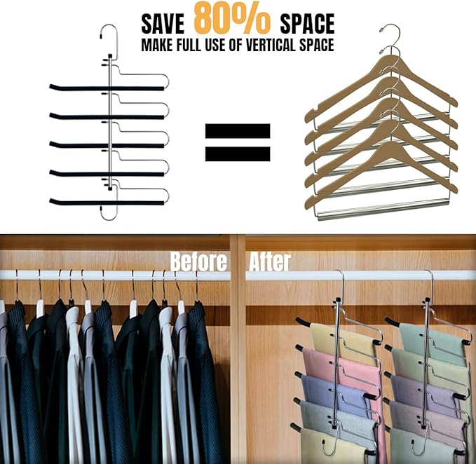 4 Pack Magic Pants Hangers Space Saving Heavy Duty Slacks Jeans Trouser Hanger, Non-Slip Foam Padded 5 Layers, Multi-Purpose Premium Metal Closet Organizer for Leggings