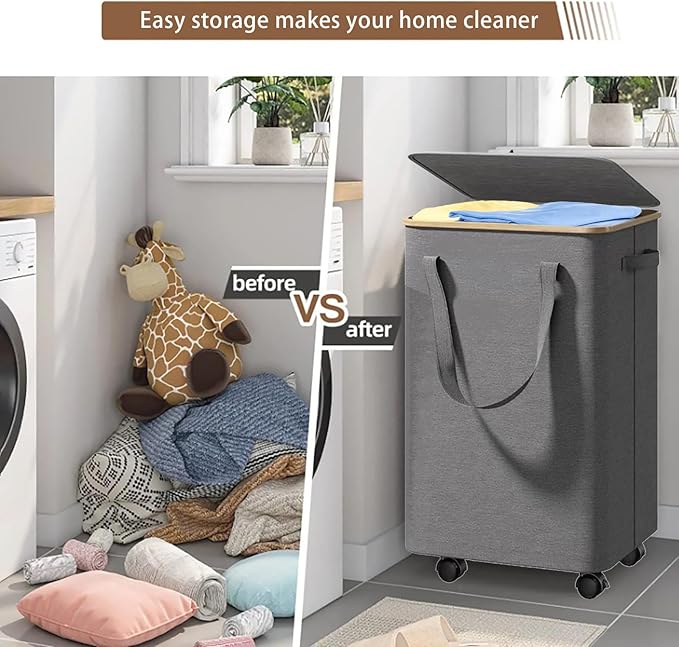 Large Laundry Basket with Wheels - 100L Rolling Laundry Hamper with Lid and Removable Bag - Portable Clothes Hamper for Bedroom Aesthetic - Great for Bathroom, Dorm & Laundry Room (Gray)