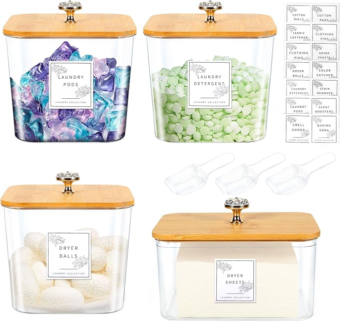 4 Pack Laundry Room Organization Storage Containers Acrylic Jars and Dryer Sheet Container with Lids and Labels for Laundry Detergent Laundry Pods Containers Dry Sheet Organizing
