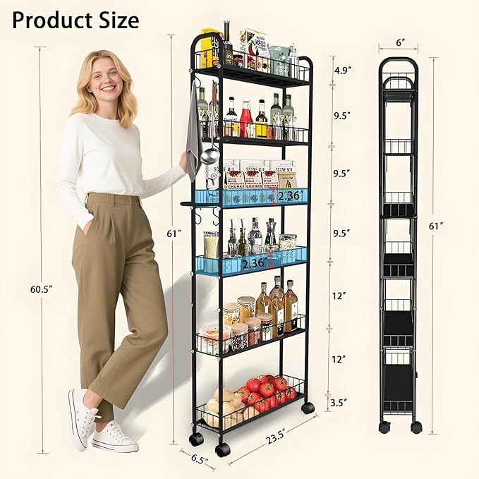 6in 6 Tier Slim Storage Cart with Wheels, Black Narrow Space Rolling Shelving Unit with Handle, Metal Wire Mobile Organizer Rack for Kitchen Bathroom Office Laundry