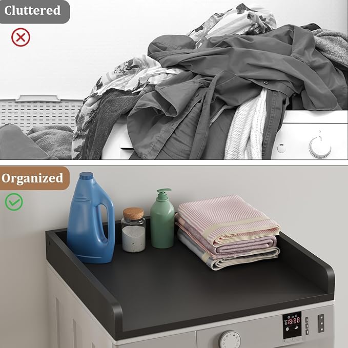 Washer Dryer Countertop, 23.62" D x 23.62" W x 3.15" H, Countertop for Washer and Dryer with Non-Slip Pads and Round Corner Edge Rails, Laundry Room Organization(Black)