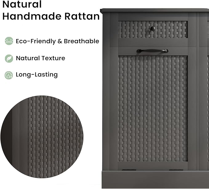 Double Tilt Out Laundry Hamper Cabinet, Rattan-Style Laundry Room Organization with Removable Laundry Basket, Hidden Wood Dirty Clothes Hamper with Drawers, 39" L x 13" W x 35.8" H, Gray