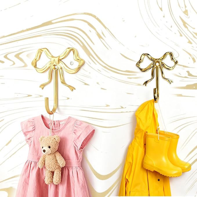 Decorative Bow Wall Hooks, Brass-Gold Metal Coat Hooks for Keys, Jewelry, Clothes, Home Decor - Screw Mounted, Iron Alloy, 2 in X 2.6 in X 0.8 In, 2 Pack (Four large sizes and two small sizes)