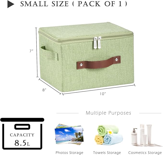 Storage Bins with Zipper Lid Cotton Linen Fabric Lidded Storage Baskets Boxes Foldable Washable Closet Shelf Clothes Organizer Container with PU Leather Handles (Green, Small Size)