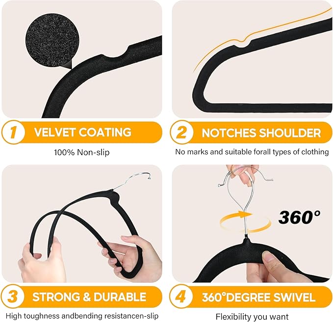 Simple Deluxe 50 Pack Heavy Duty Velvet Clothes Hangers, Non-Slip Closet Hangers with Shoulder Notches & 360° Swivel Hooks, Space-Saving Hangers for Coats & Suits, Black