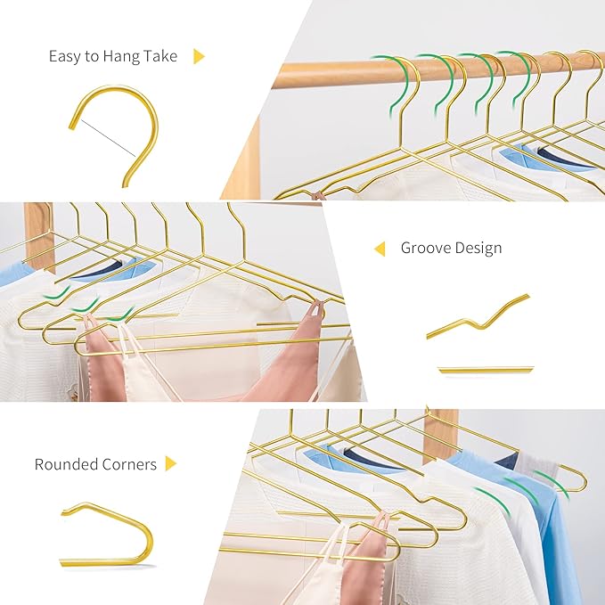 Nature Smile 17 Inch Heavy Duty Shiny Gold Metal Clothes Hanger With Big Notches - Coat, Suit, Dress - Pack of 20