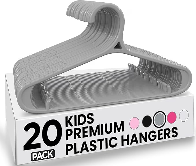 Utopia Home Kids Hangers 20 Pack - 11 Inch Plastic Baby Hangers for Closet - Childrens Hanger for Clothes & Infant Hanger for Closet - Non-Slip Shoulder Grooves, Strap Hooks & Pants Bar (Grey)