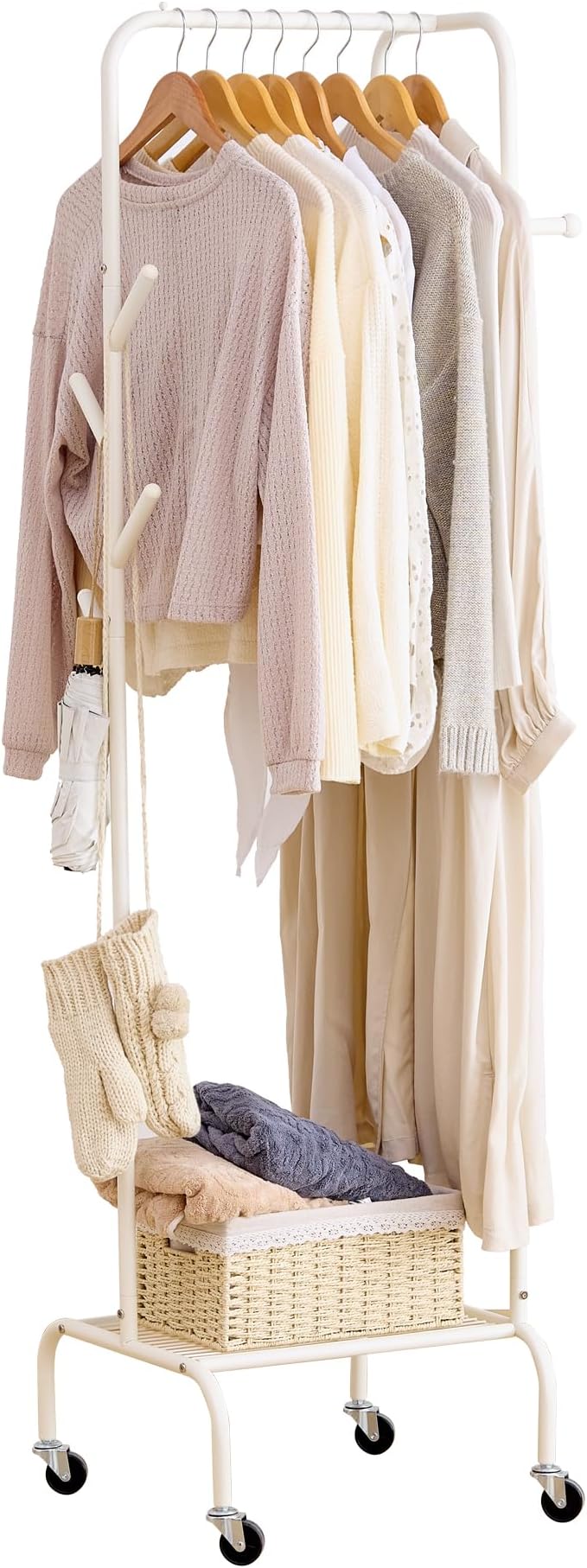FILWH Rolling Coat Rack with Storage Shelf Freestanding Coat Rack Hall Tree with 6 Hooks for Entryway, Bedroom Metal Clothes Hanger Stand for Hats, Jackets, Bags,Shoes (White, Single-layer)