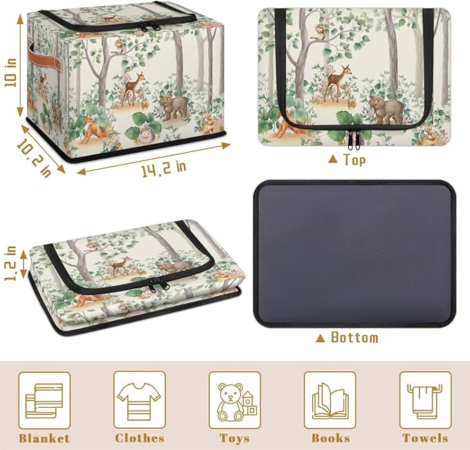 Woodland Wildlife Storage Basket - Cute Animals Party Bin Collapsible Organizer with Zipper Lid, Kid Rectangular Decorative Box with Handles, Nursery Toy Organization for Kids Bedroom Decor, 24L