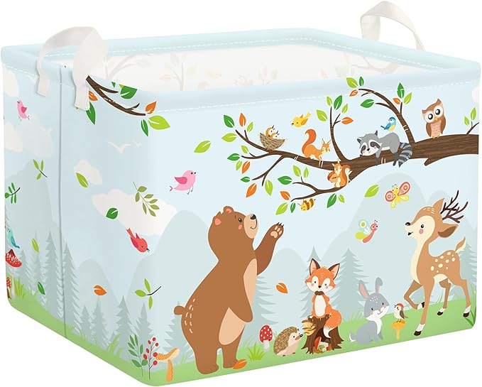Forest Animals Laundry Hamper Woodland Tree Large Storage Basket Parents Organizer Kids Clothes Toy Bins for Bedroom, Bathroom, Hedgehog, 36L