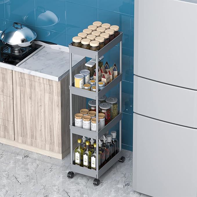 Sooyee 4 Tier Wide Storage Cart Mobile Shelving Unit Organizer Slide Out Storage Rolling Utility Cart Tower Rack for Kitchen Bathroom Laundry, Plastic & Stainless Steel,Grey