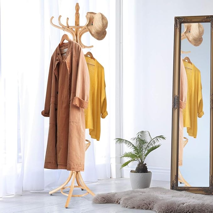 GOFLAME 73" Coat Rack Freestanding, Wooden Coat Tree with 12 Hooks and Umbrella Stand, Entryway Hall Tree, Hat Hanger Organizer, Coat Rack Stand for Coats, Hats, Scarves, Bags, Easy Assembly, Oak