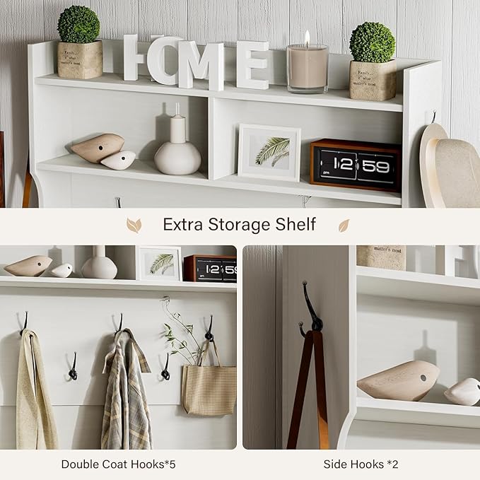 4ever2buy Farmhouse Hall Tree with Bench 5-in-1 Entryway Bench with Coat Rack with Sliding Barn Doors Entryway Coat Rack with Shoe Storage White