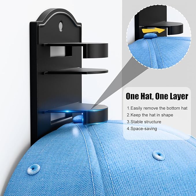 Hat Rack for Baseball Caps on the Wall, Adhesive Hat Storage Organizer, Ball Cap Hooks Display, Vertical Hat Hanger Holder for Door and Closet, Hold Up to 20 Hats, Black, 2 Pack