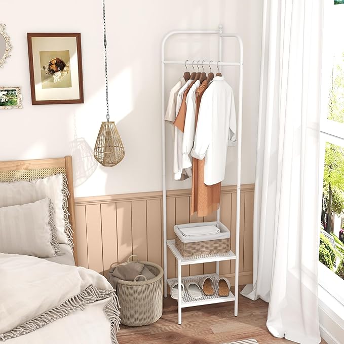 Tangkula Corner Coat Rack with Storage, Simple Hall Tree with Hanging Rod & 2 Mesh Shelves, Anti-toppling Devices, Freestanding Metal Clothes Rack Shoes Shelf Organizer for Entryway Bedroom (White)