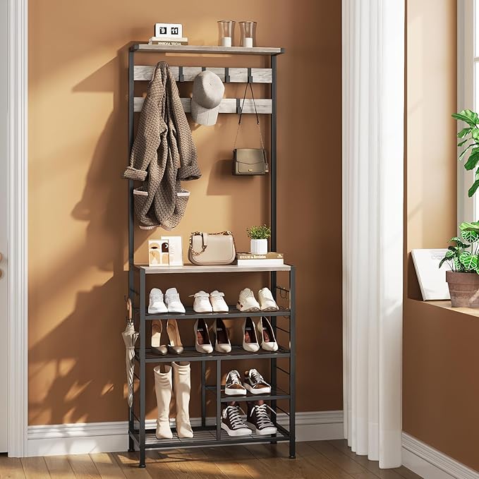 GiftGo Vintage Large 5-Tier Hall Tree with Console Table Entryway Coat Rack Floor Standing Shoes Rack Storage Shelf Organizer for Home Office Bedroom (Greige)