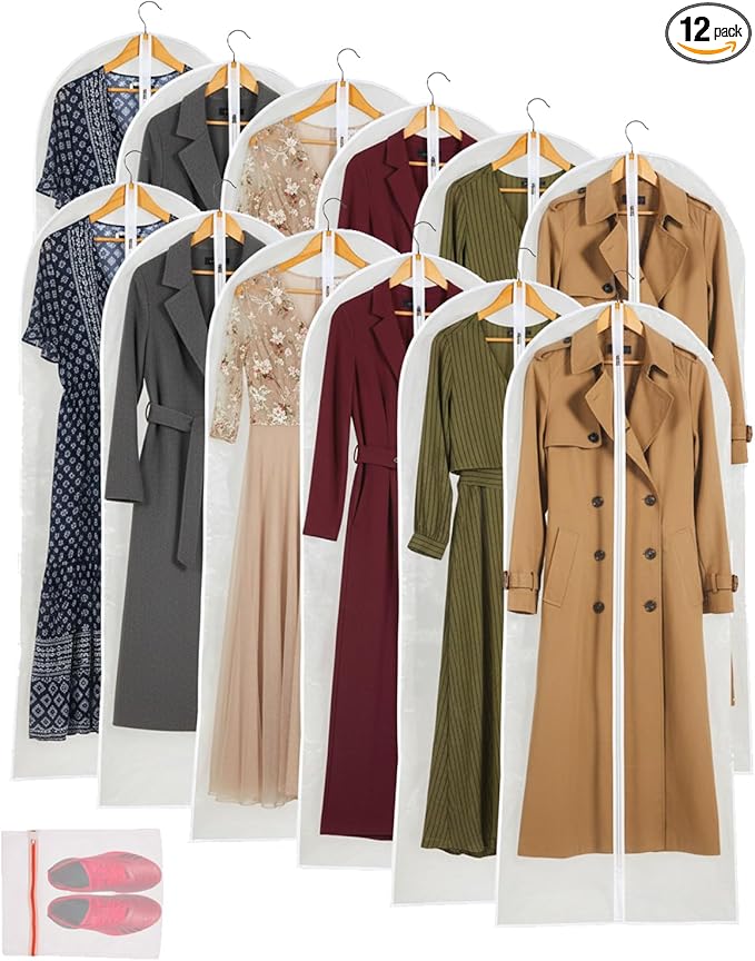 Clear Garment Bags for Long Gowns, Vinyl Dress Storage Bags, Zippered Plastic Protector for Dresses, 24"x60", 12 Pack