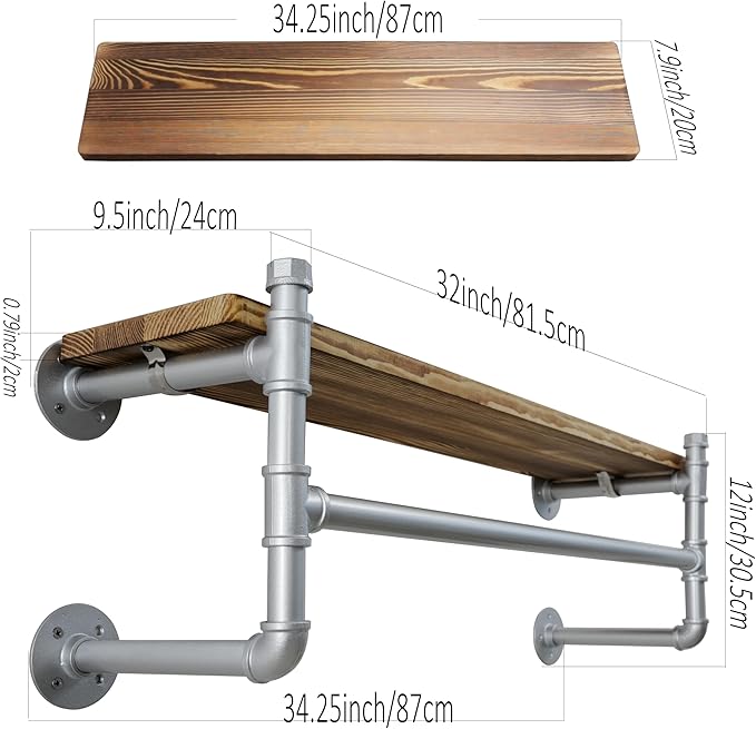 WEBI Wall Mounted Clothes Rack with Shelf,32" Industrial Pipe Clothing Rack with Shelf with Hanging Rod,Heavy Duty Iron Garment Rack Bar,Retail Display Clothes Rod for Laundry Room,Closet,Silver
