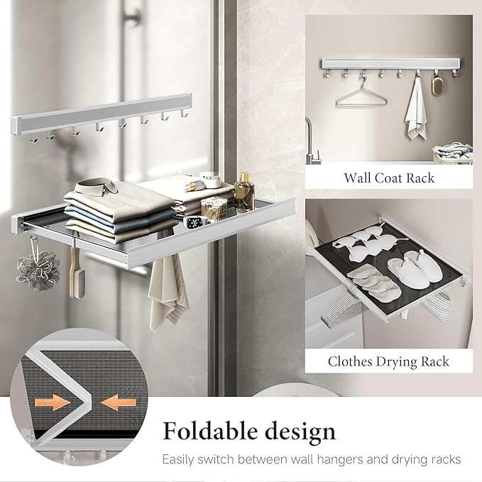 LETINE Wall Mounted Drying Rack: Retractable Indoor Clothes Drying Rack – Aluminum Alloy Frame w/Soft Mesh Surface. Laundry Rack & Temp Shelf for Balcony, Bathroom, Kitchen. (White, M)