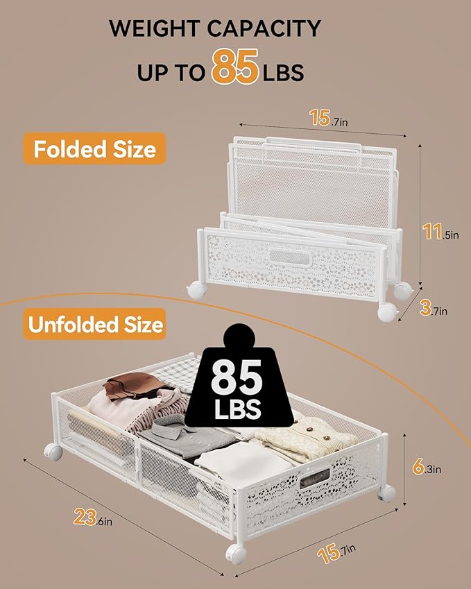 Under Bed Storage with Wheels, Foldable Pattern Carved Metal Under The Bed Storage, Tool-Free Assembly Underbed Storage, 60L Underbed Storage for Bedroom Clothes Blankets Shoes Toys