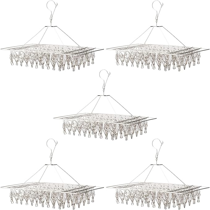 5 Pack 17x10 inch Stainless Steel Drying Rack with 60 Clips, Swivel Sock Drying Rack with Windproof Clips, Stainless Steel Clothes Hanger for Bras, Clothes, Sock & Underwear Towels