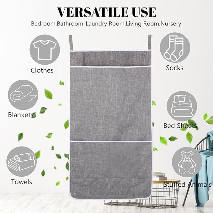 XL Hanging Laundry Hamper Bag, Door Hanging Hamper with Front Pocket Dirty Clothes Hanging Laundry Bag Large Size 36X22 inch, Over Door Hamper
