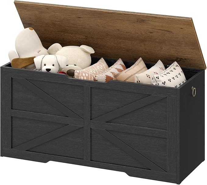 Storage Chest, 39.4" Wooden Storage Trunk, Modern Storage Bench with Safety Hinge, Toy Box, Farmhouse Style, for Bedroom, Living Room, Walnut and Black MCW10BL