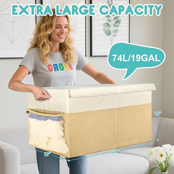 BALEINE Fabric Storage Bins with Lid, Collapsible Extra Large Storage Boxes Bins Baskets with Divider for Home Organizing (25"x13"x16", Black&Beige)
