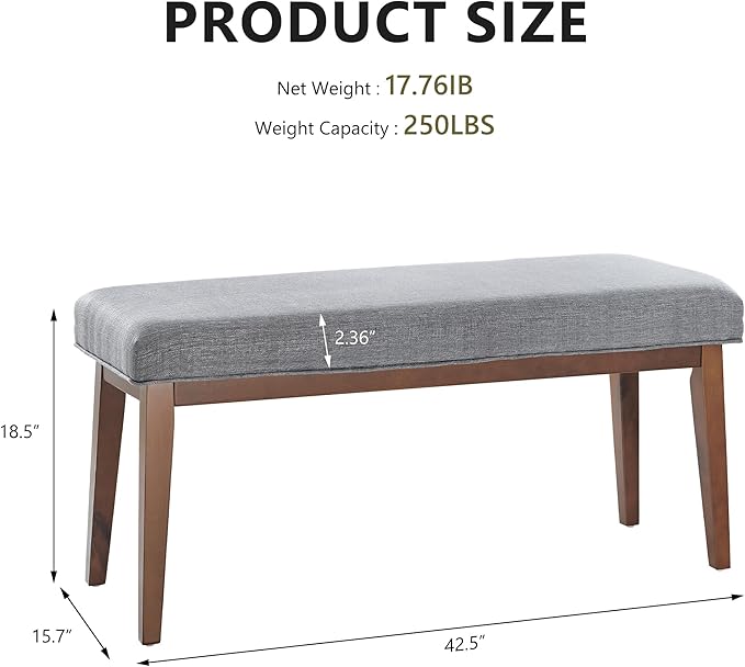Upholstered Bench for Bedroom End of Bed,42.5-inch Entryway Bench for Living Room,Dining Bench with Padded Seat and Solid Wood Leg for Kitchen Bedroom,Indoor and Hallway (Bench, Grey)
