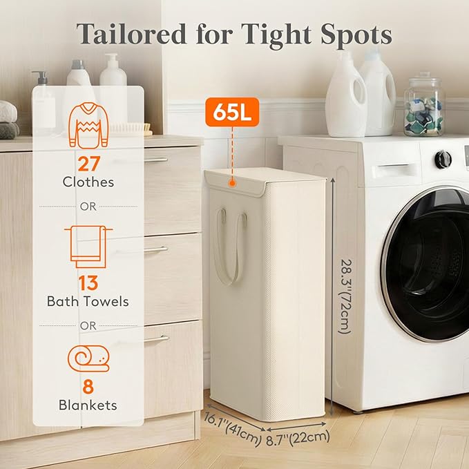 Lifewit Thin Laundry Basket with Lid, Slim Laundry Hamper, Small Dirty Clothes Hamper with Handles for Laundry Room Bedroom Closet, 65L White, 16.1"L x 8.7"W x 28.3"H