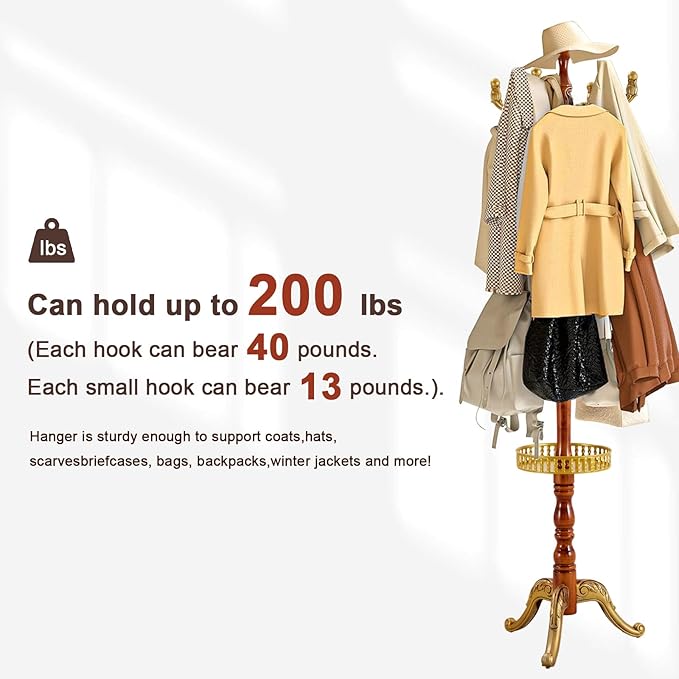 Coat Racks Freestanding, Natural Wood Coat Stands with 14 Hooks, 73" Heavy Duty Adjustable Height Vintage Hall Tree for Entryway, Bedroom, Office, Easy Assembly (Begonia Tray)