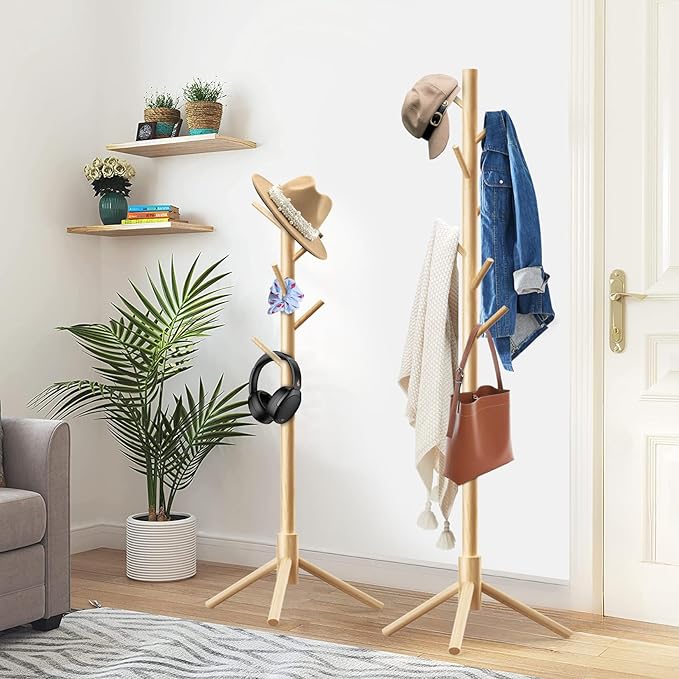 Wooden Coat Rack Freestanding with 8 Hooks,Easy Assembly New Zealand Pine Tree Coat Racks, 3 Adjustable Sizes for Clothes, Hats, Bags, for Entryway, Hallway, Bedroom, Office (Natural, 2PCS)