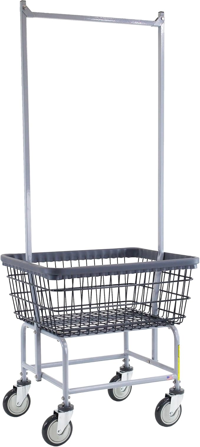 R&B Wire® 100E58/D7 HD Wire Laundry Cart with Double Pole Rack | 2.5 Bushel | Steel Frame with Dura-Seven™ Anti Rust Coated Basket | Commercial | Industrial Bumper | 5" Clean Wheel System™ Casters