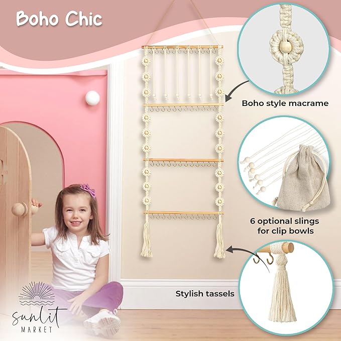 Headband Holder - Bow Holder for Baby Girl – Macrame Bow Organizer for Baby Girl w/ 48 Metal Hooks, 6 Slings & Wooden Bead – Space Saving Baby Bow Organizer – Ideal Baby Bow Holder for Expecting Moms