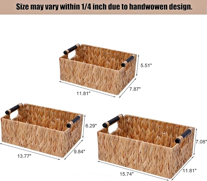 Storage Baskets 3 Pack Storage Baskets for Organizing Toys,Handwoven Storage Bins for Nursery,Natural Water Hyacinth Baskets for Organizing with Wooden Handles