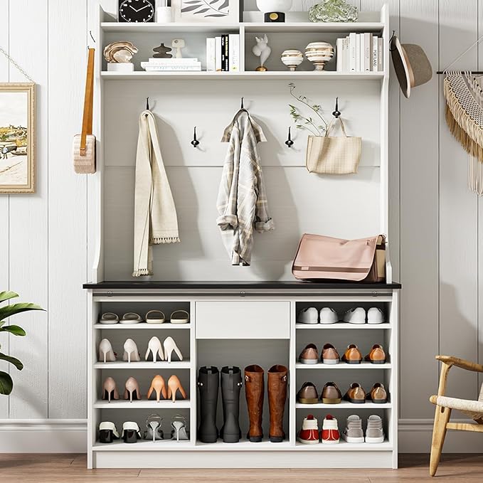 4ever2buy Farmhouse Hall Tree with Bench 5-in-1 Entryway Bench with Coat Rack with Sliding Barn Doors Entryway Coat Rack with Shoe Storage White