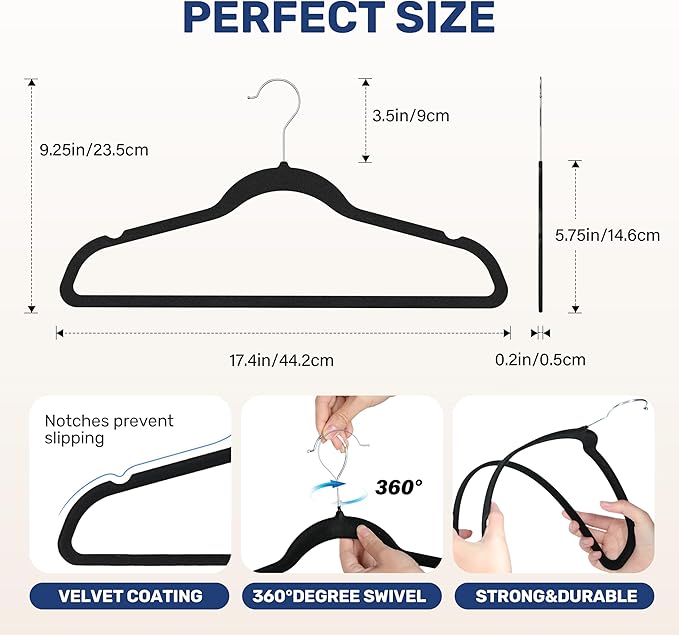 YSSOA 50 Packs Velvet Hangers, Non Slip Space Saving Suit Hangers, Heavy Duty Clothes Hangers with 360° Rotatable Hook for Coats, Pants, Black