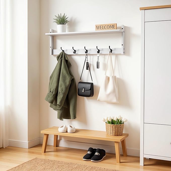 29Inch Wall Mounted Coat Rack with Hooks and Shelf - Large Rustic Wood Coat Hangers for Hats, Keys, Towels, Robes – Functional Entryway Wall Organizer for Bathroom, Kitchen, Mudroom (White)